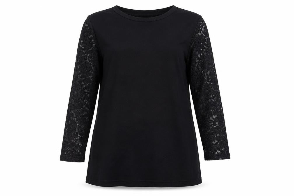 LTS Women's Black Lace Sleeve Top, Size 14, Crew Neck