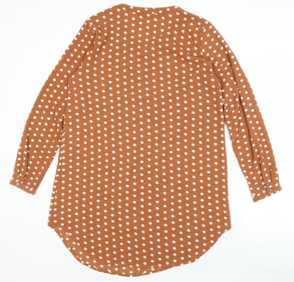 Back view of Only Women's Brown Polka Dot Button-Up Shirt, size 10