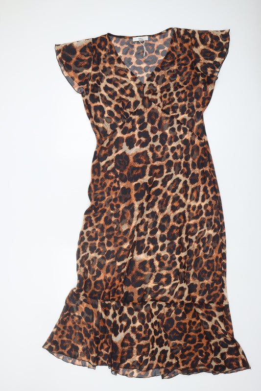 Brown Leopard Print Midi Dress, Size 12 Long, Polyester