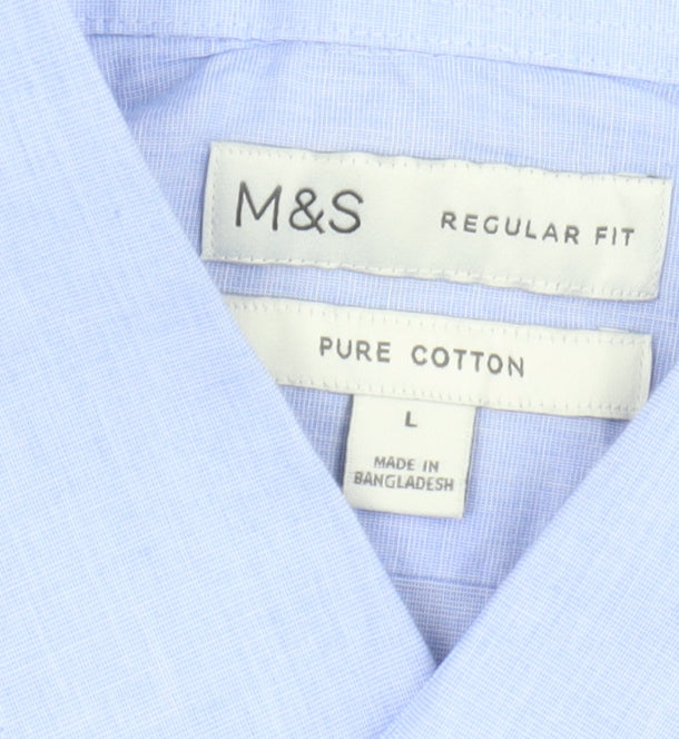 Marks and Spencer Men's Blue Regular Fit Shirt L