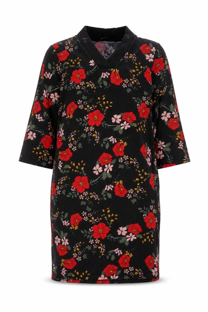 Only Women's Black Floral 3/4 Sleeve V-Neck Dress L