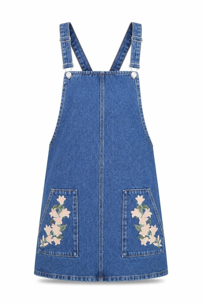 Topshop Women's Blue Denim Floral Pinafore Dress Size 6