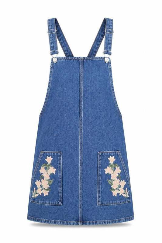 Topshop Women's Blue Denim Floral Pinafore Dress Size 6