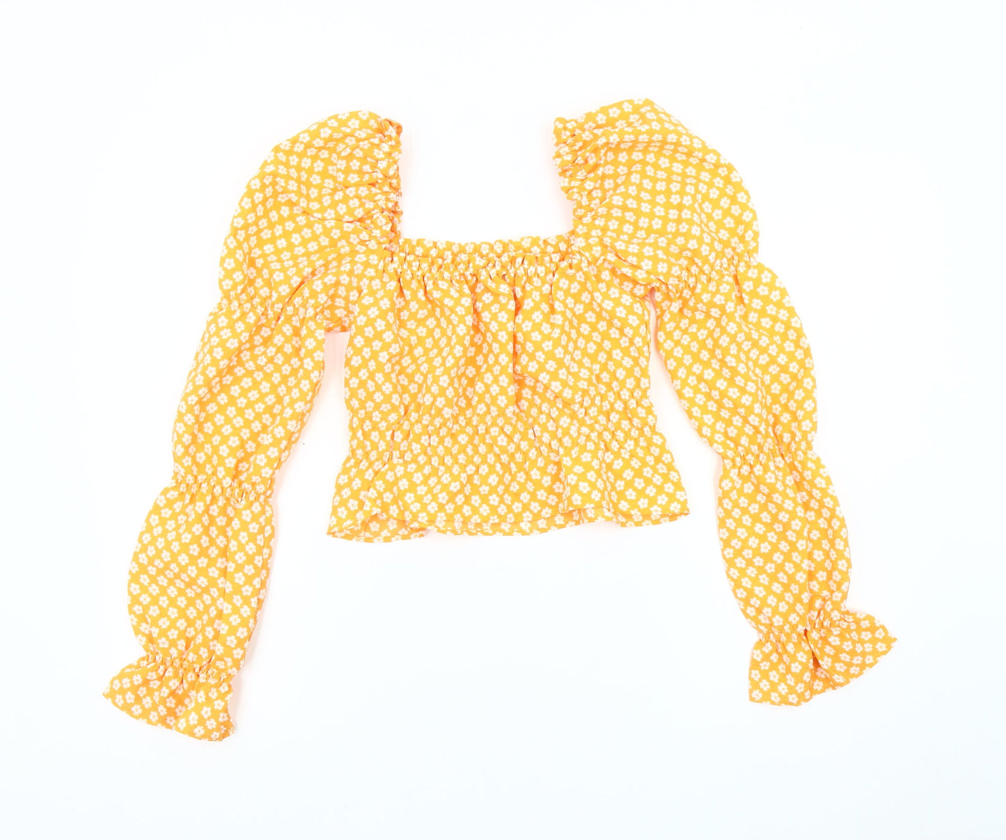 H&M Women's Yellow Floral Puff Sleeve Blouse 2XS