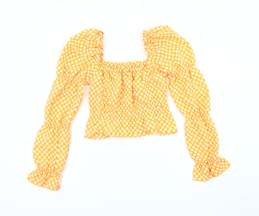 H&M Women's Yellow Floral Puff Sleeve Blouse 2XS