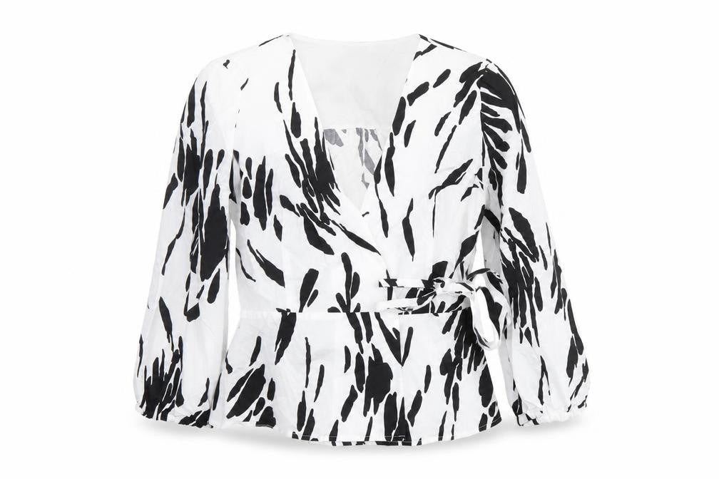 Hobbs Women’s Black & White Animal Print Wrap Blouse, Size 8, Cotton