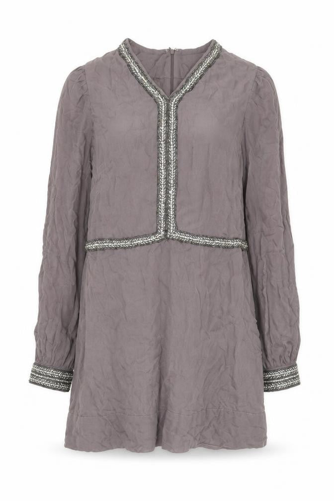 French Connection Women's Grey Silk Embroidered V-Neck Top