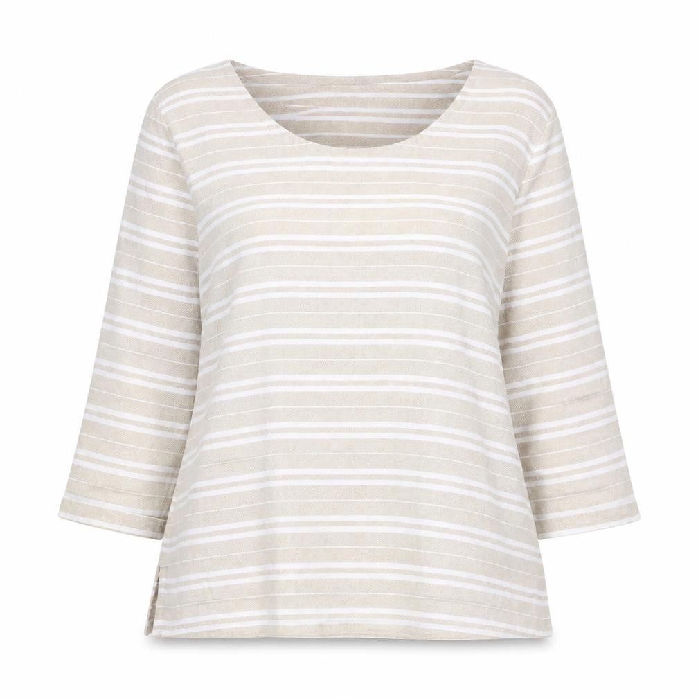 Cotton Traders Women's Beige Striped 3/4 Sleeve Top
