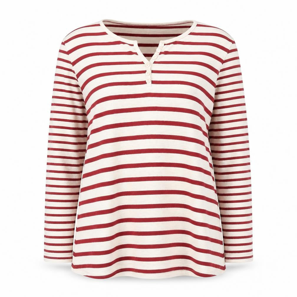 Isle Essentials Women's Red Striped Henley Jumper L