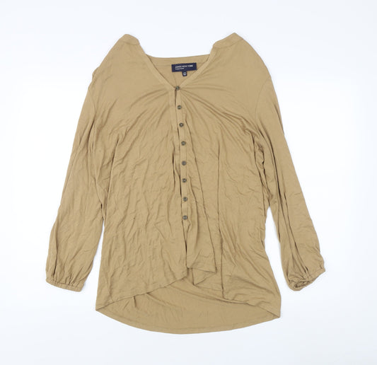 Jones New York Women's Beige Button-Up V-Neck Top, L