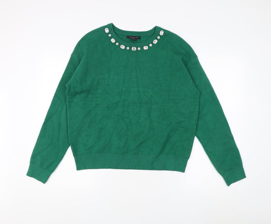 Tahari Women’s Green Pullover Jumper, Jewel Accent, Size L