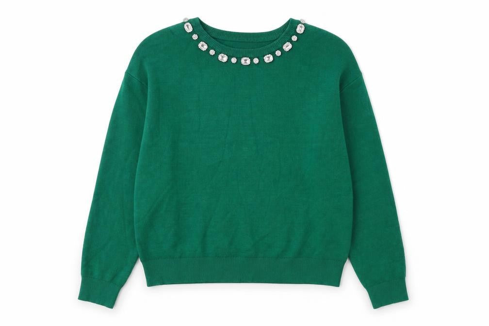 Tahari Women’s Green Pullover Jumper, Jewel Accent, Size L