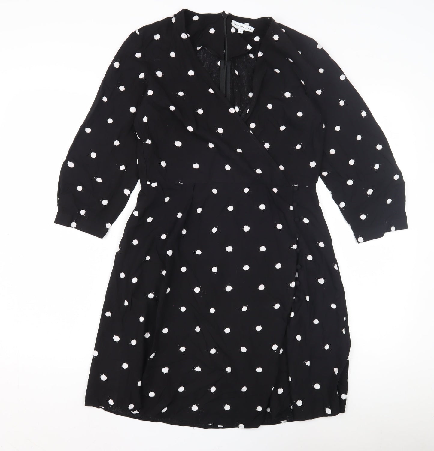 Warehouse Black Polka Dot Wrap Dress Size 8