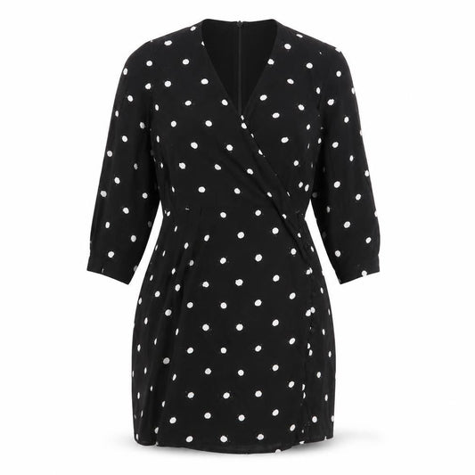 Front view of Warehouse Black Polka Dot Wrap Dress, size 8