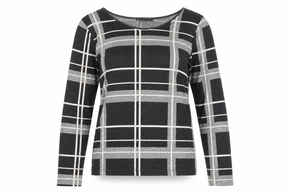 VILA Women's Black Check T-Shirt, Medium, Long Sleeve Casual