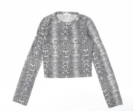 Zara Women's Grey Cropped Knit Top, Size S, Animal Print