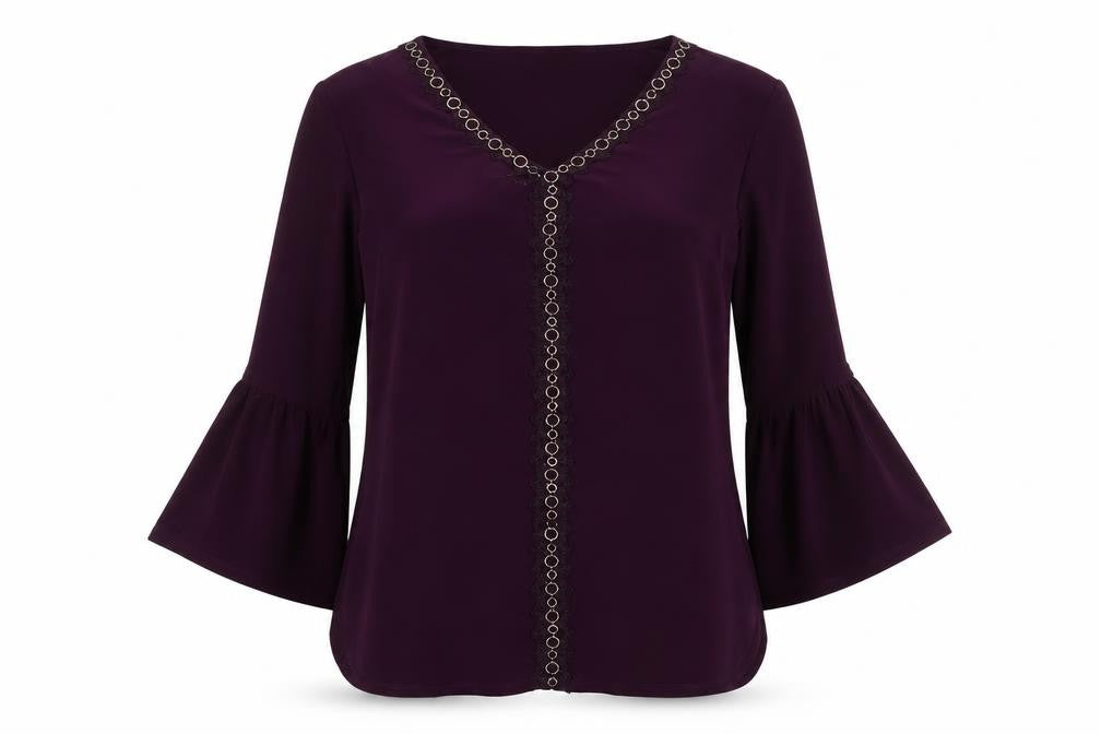 Nina Leonard Women's Purple Blouse Medium Chain V-Neck