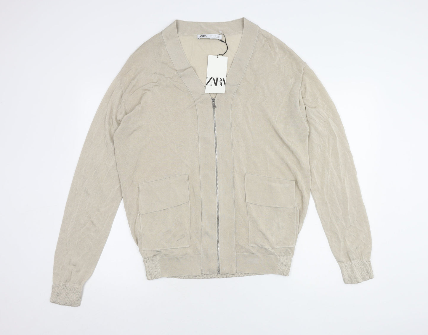 Zara Women's Beige Full Zip V-Neck Jumper, Size S
