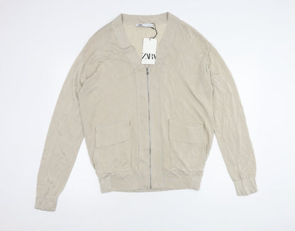 Zara Women's Beige Full Zip V-Neck Jumper, Size S