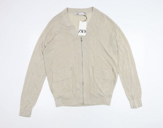 Zara Women's Beige Full Zip V-Neck Jumper, Size S