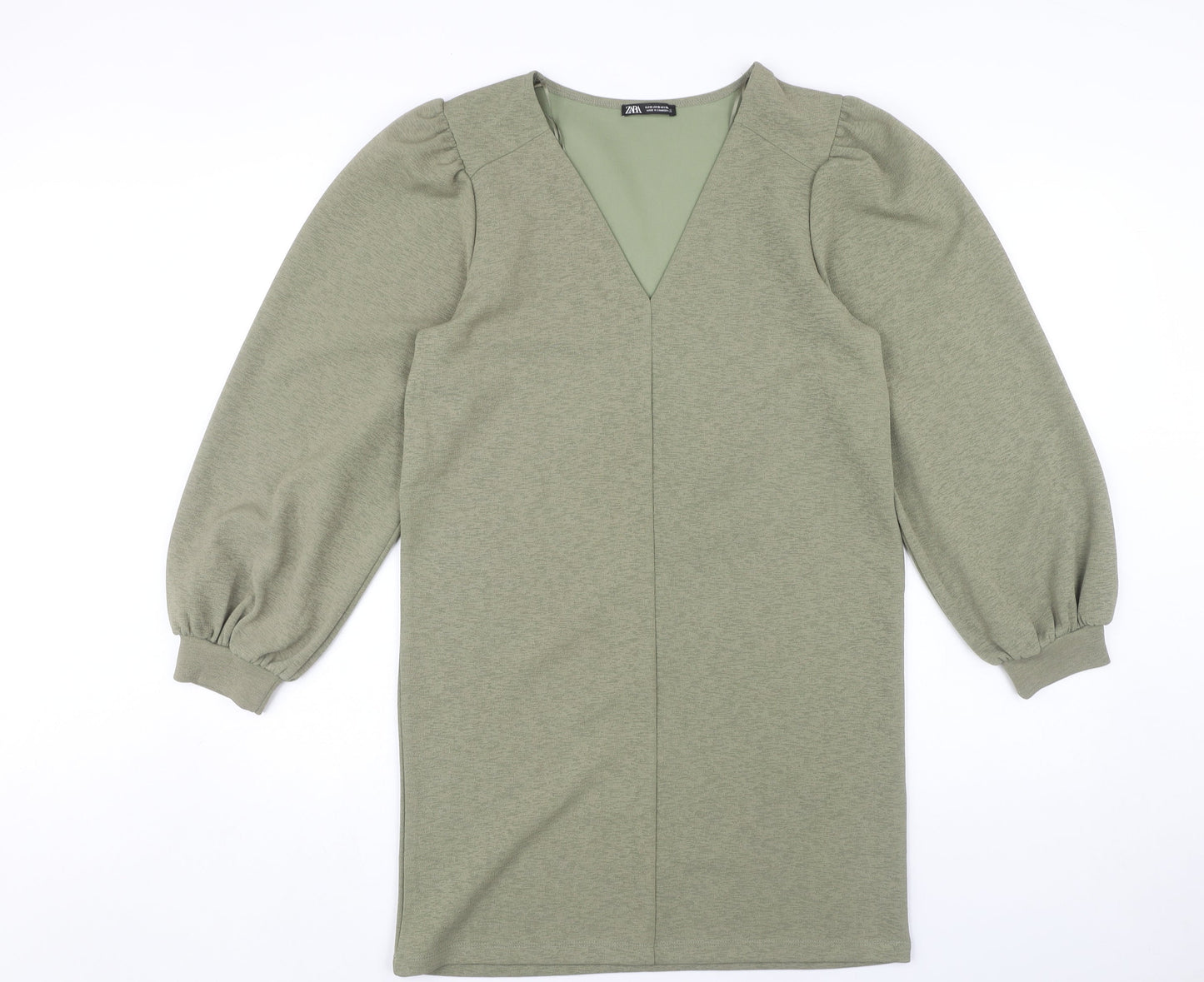 Zara Green V-Neck Balloon Sleeve Dress, Size S
