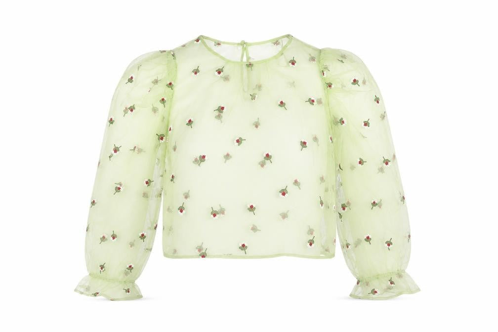Zara Women's Green Cropped Blouse - Floral Embroidery