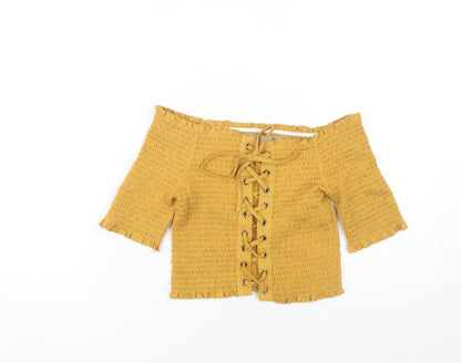Additional front view of ASOS Yellow Off Shoulder Lace Up Cropped Blouse