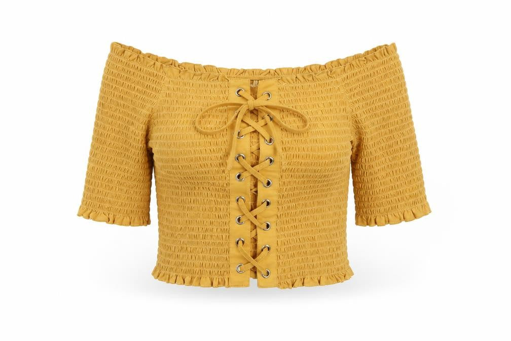 ASOS Yellow Off Shoulder Lace Up Cropped Blouse