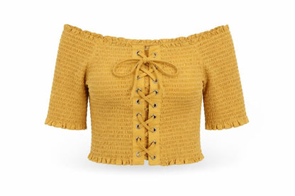 Front view of ASOS Yellow Off Shoulder Lace Up Cropped Blouse