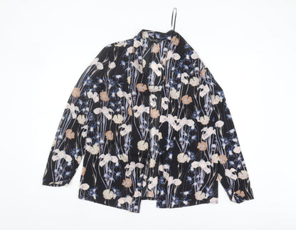 Additional front view of Miss Selfridge Women's Black Floral Open Front Blouse, size 6