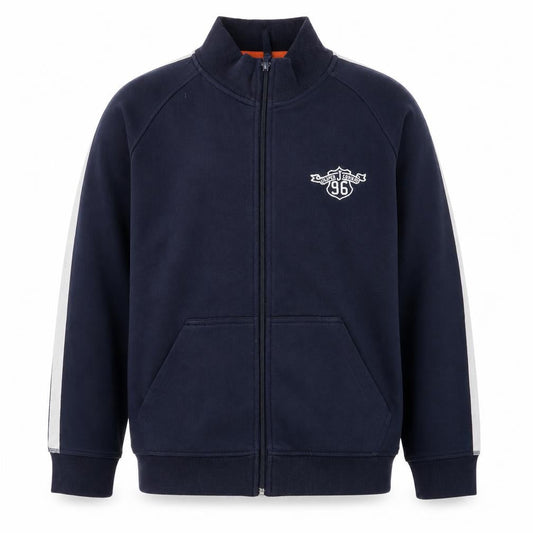 Front view of Jasper Conran boys’' blue track jacket, 15 years, full zip style
