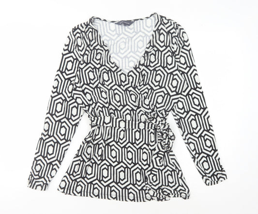 Sosandar Women's Wrap Blouse, Black Geometric, Size 12