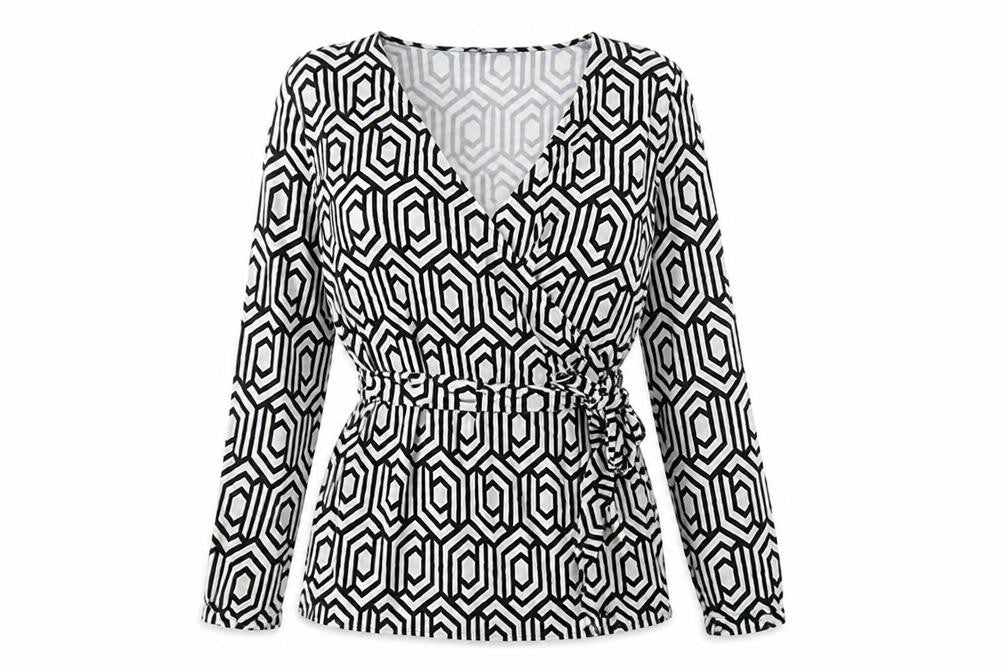 Sosandar Women's Wrap Blouse, Black Geometric, Size 12