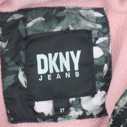 Close-up detail of DKNY girls’' multicoloured floral puffer jacket, size 3