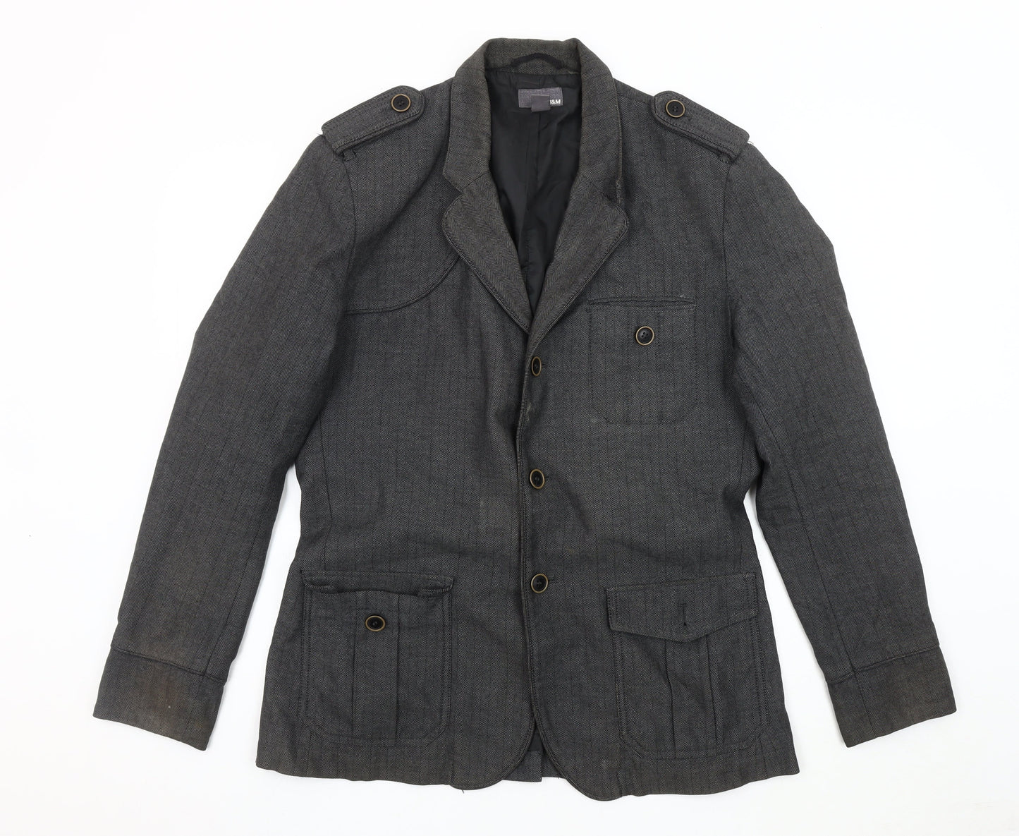 H&M Men's Grey Military Jacket, Size 42, Classic Style