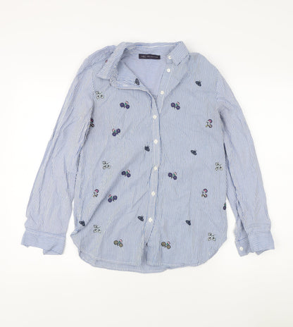 Marks & Spencer Women's Blue Striped Embroidered Button-Up Size 8