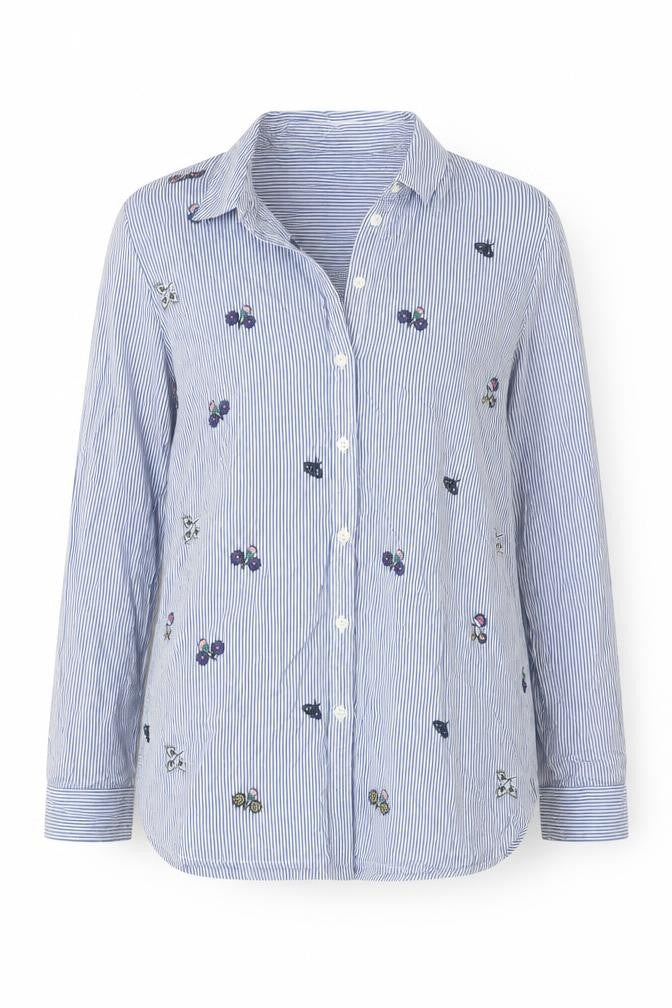 Marks & Spencer Women's Blue Striped Embroidered Button-Up Size 8