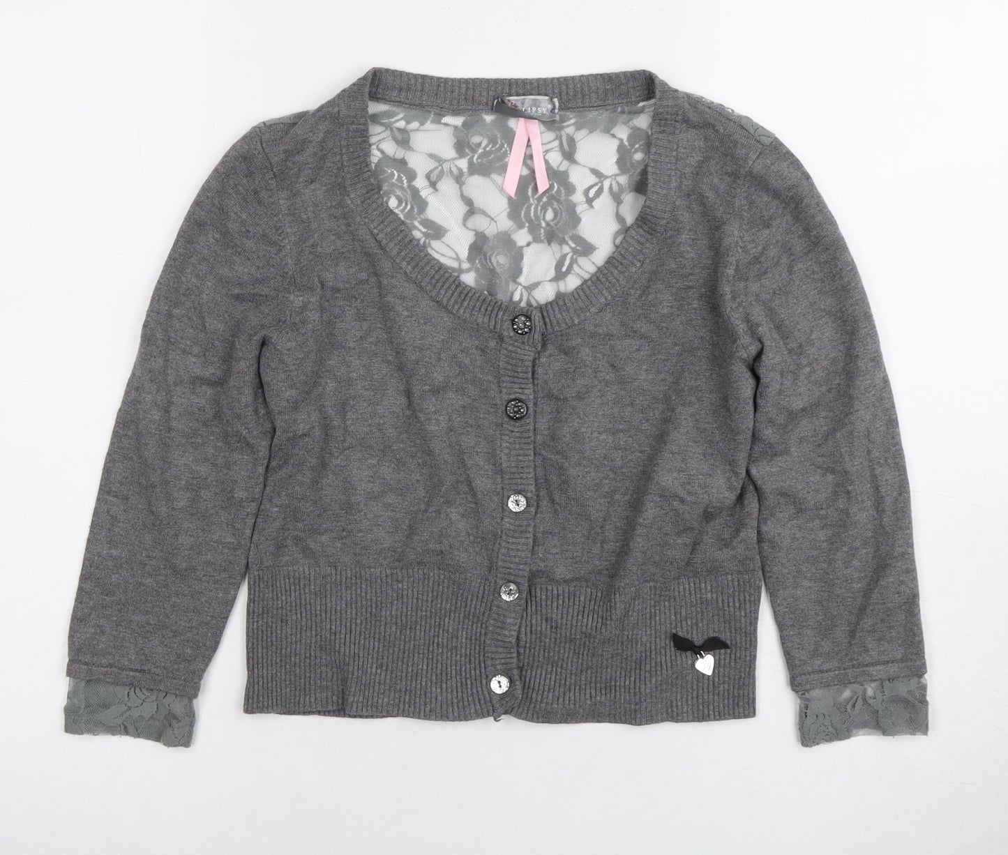 Lipsy Women’s Grey Cardigan M Scoop Neck Lace Accents