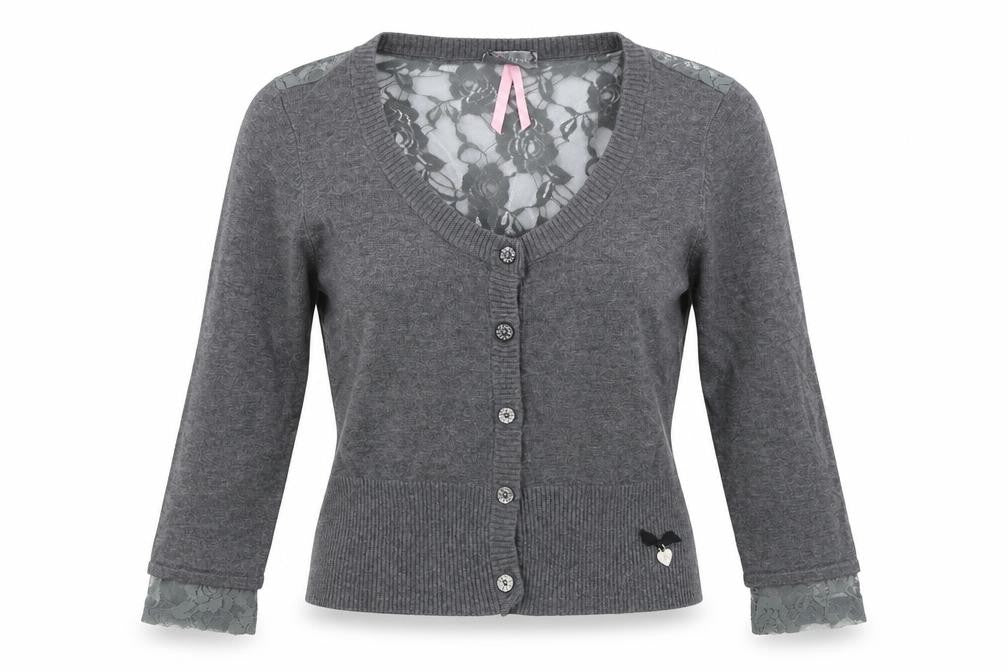 Lipsy Women’s Grey Cardigan M Scoop Neck Lace Accents
