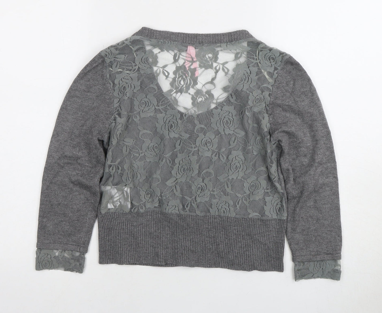 Lipsy Women’s Grey Cardigan M Scoop Neck Lace Accents