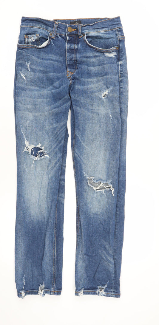 River Island Men's Blue Distressed Straight Jeans Size 28