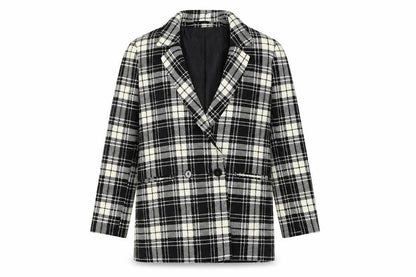 Front view of ASOS Women's Black Plaid Double-Breasted Blazer