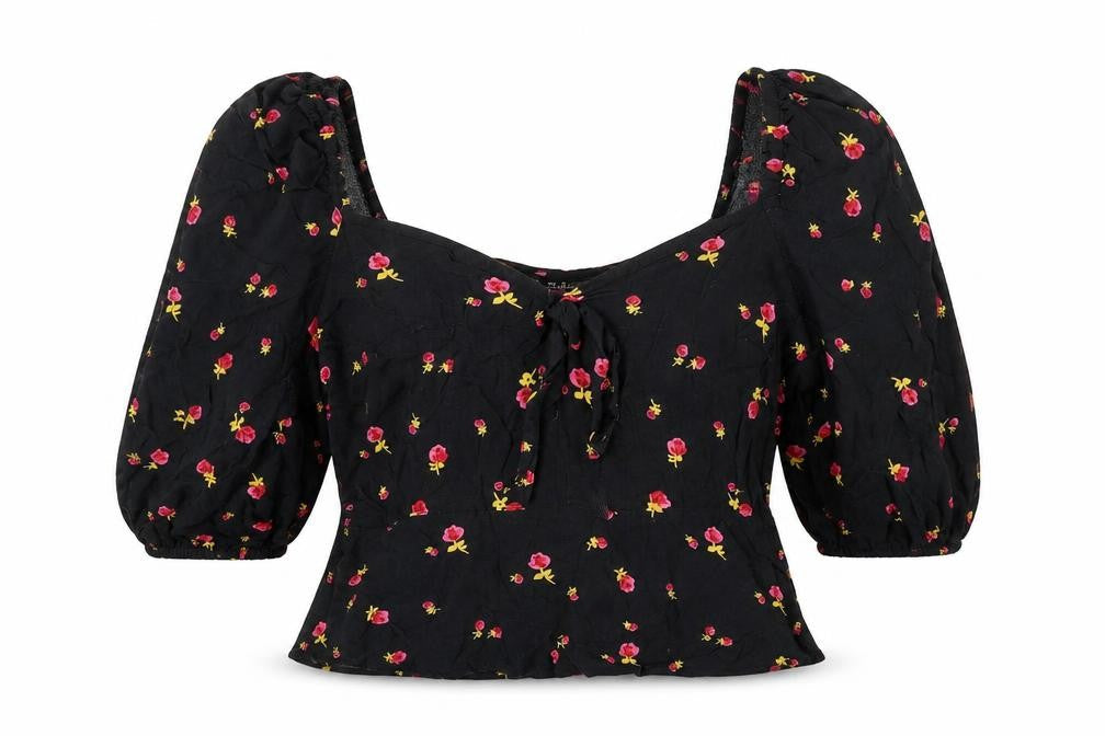 Miss Selfridge Floral Black Cropped Blouse UK 12 Women