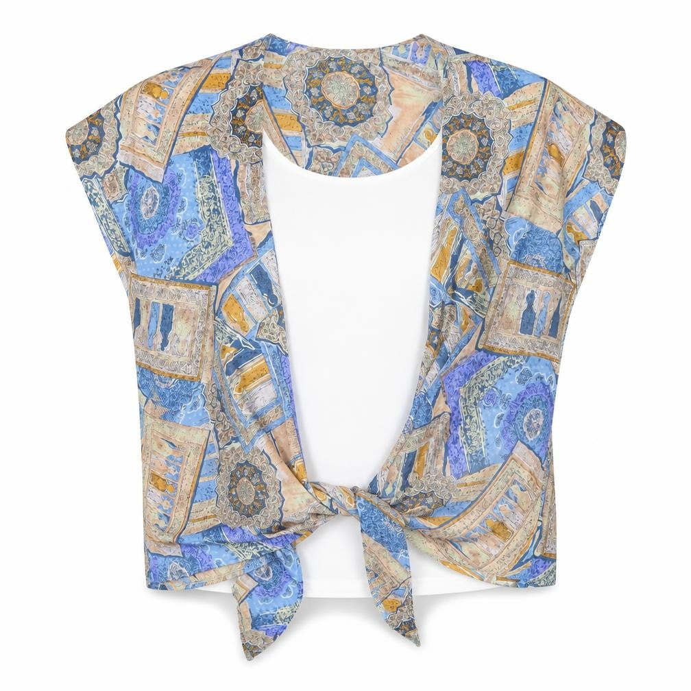 C&A Women's Geometric Wrap Top, Size 18, Blue/Beige