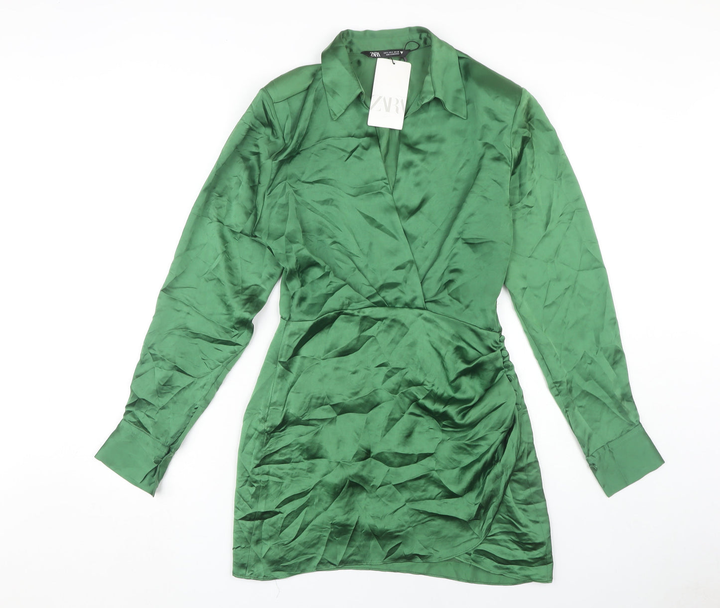 Zara Women's Green Collared Wrap Dress, Size 8