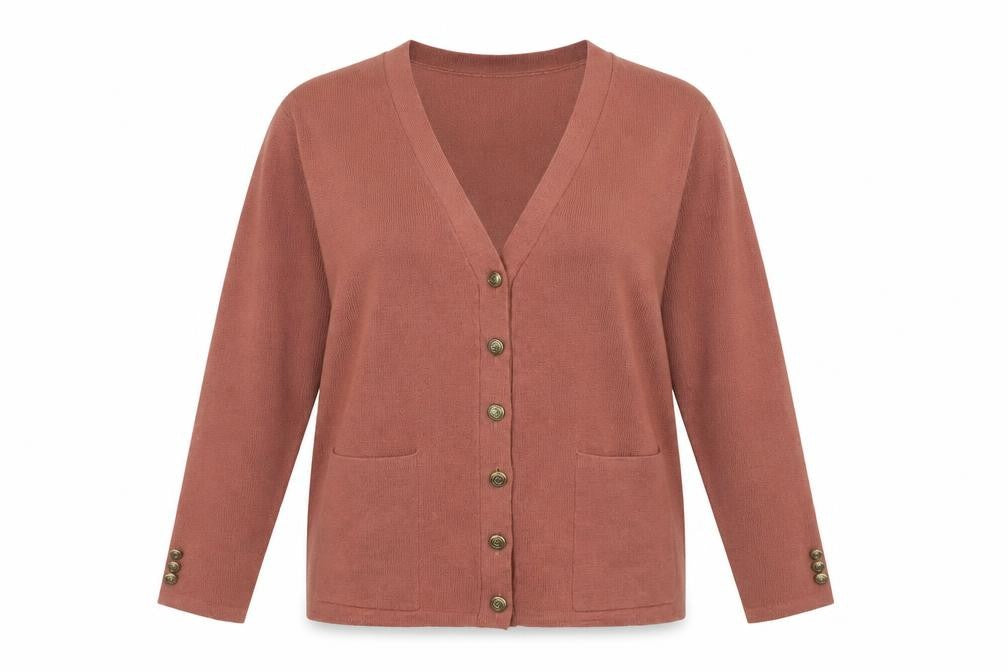 Damart Women's Brown Cardigan, L, V-Neck, Button Accent