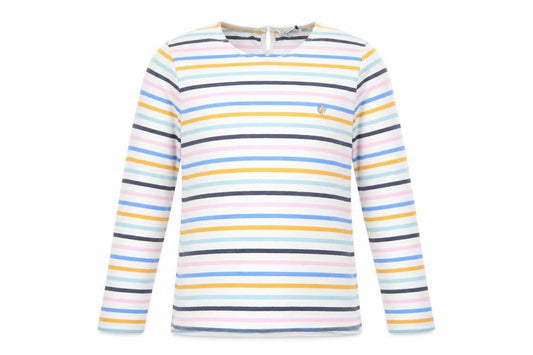 Front view of FatFace girls’ multicoloured striped cotton t-shirt, size 10-11