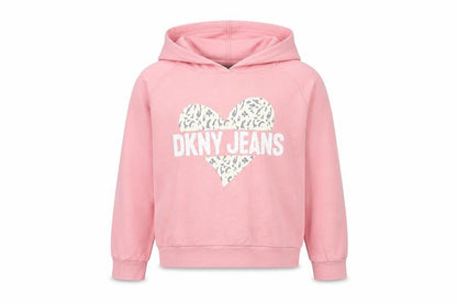Front view of DKNY girls’ pink pullover hoodie -, size 8-9, years, cotton