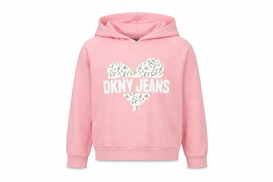 Front view of DKNY girls’ pink pullover hoodie -, size 8-9, years, cotton
