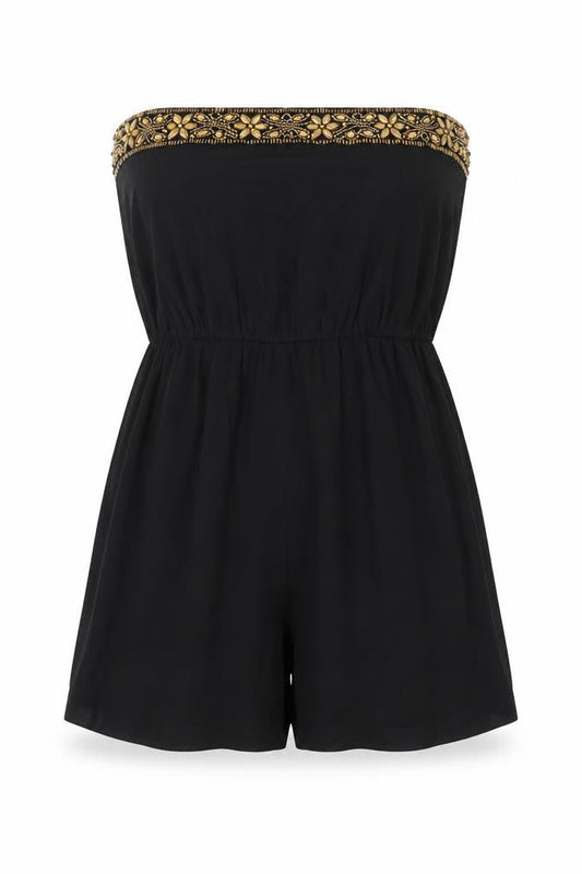 Front view of Rock & Rags Black Beaded Strapless Playsuit, size S